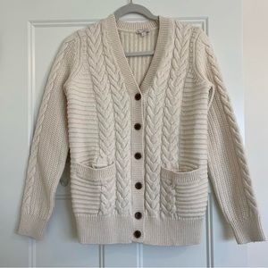 Wool-Cotton Blend Cream Cable Knit Cardigan